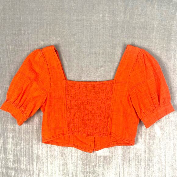 Orange Gauze Smocked Crop Top Womens Size XL 100% Cotton Puff Sleeve Milkmaid - Picture 2 of 8